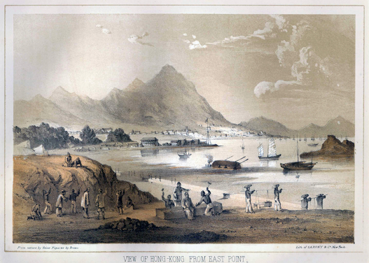 View of Hong Kong from East Point (1856, by Heine, William. Source: Wattis Fine Art)
A view from the far side of East Point (now Causeway Bay) across an area now the Victoria Park, of Chinese workers quarrying stone for building. The background is the Victoria Peak. 